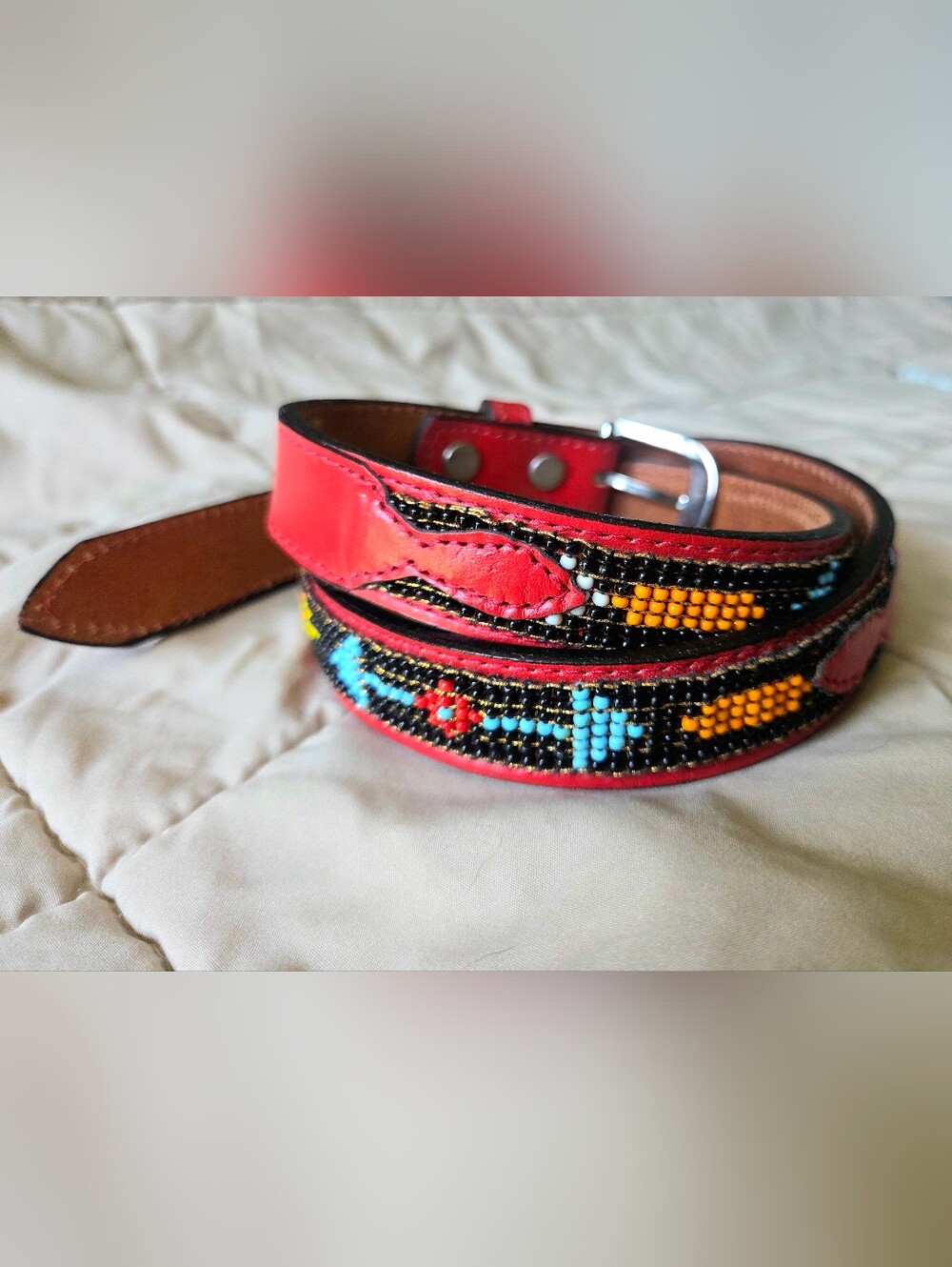 Circle Y Ranch of Yoakum Texas Aztec Red Leather Belt Beaded Southwestern 32 S